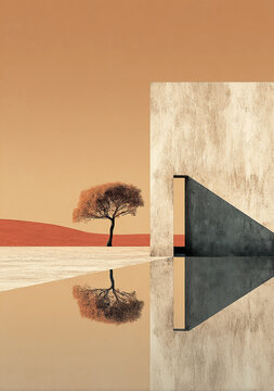 Abstract minimalist japandi image of a landscape with a tree and a pond, neutral earth tones of beige, brown and grey, a single color background and a dynamic composition