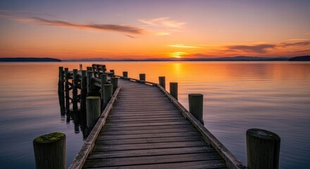 A wooden dock extending into a calm lake at sunset, with a vibrant orange and pink sky.