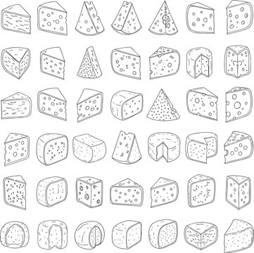 Cheese illustration set, 40 hand-drawn varieties, wedges, blocks, slices, rind textures, flat vector food line art
