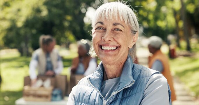 NGO volunteer, face and old woman at park for community service, charity event and outreach project. Retirement organization, senior people and happy in nature for social responsibility and about us