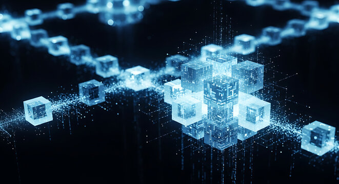 Abstract digital network of glowing blue cubes representing blockchain technology data transfer and global communication
