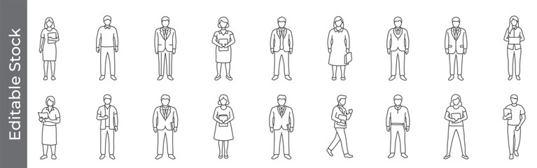 CAD style business people vector drawing line icon set – editable outline symbols of office, professional, manager, businesswoman, businessman, suit, and formal attire outline figures