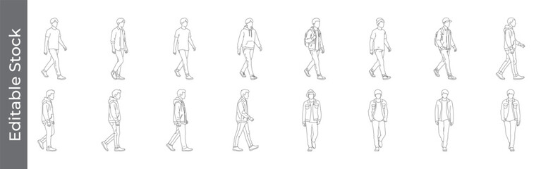 CAD style walking people vector drawing icon set &ndash; editable outline symbols of casual, urban, pedestrian, jacket, backpack and street style outline figures