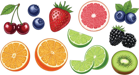 Colorful fruit illustration set, sliced and whole berries and citrus, vibrant food art, flat vector botanical drawing