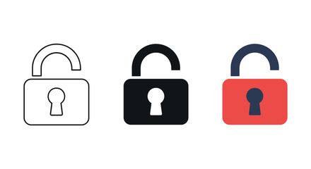 Set of open padlock icons in different colors and styles