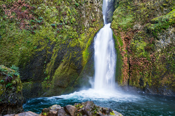 Wahclella Falls with Moss-Covered Rock Canyon, Columbia River Gorge, Oregon