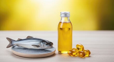 A bottle of fish oil supplement with a fish on a plate.