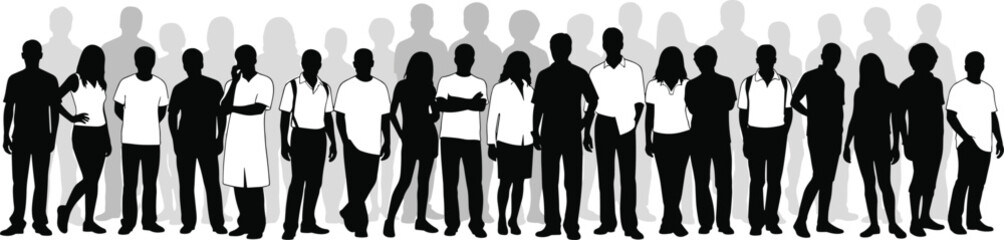 Diverse group of standing people silhouette background, large mixed crowd men women community population line, social inclusion banner graphic element isolated.