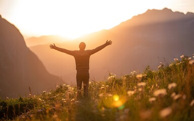 Inspirational Sunrise Scene With Person Facing Mountain Horizon