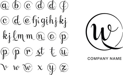Handwritten script calligraphy lowercase alphabet font vector illustration set, elegant typography wedding branding initial logo design template, isolated letters.