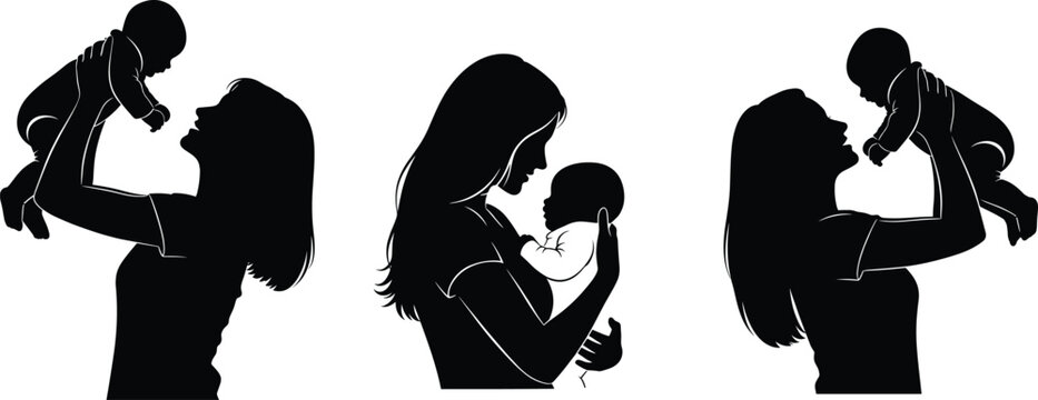 Silhouette of Parents Holding Babies in Loving Poses Showing Family Bonding, Care, Affection, Parenthood, and Emotional Connection Vector Art