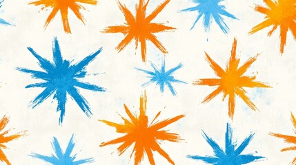 Vibrant artistic portrayal of celestial orange and blue stars against pristine white canvas creating captivating abstract composition.