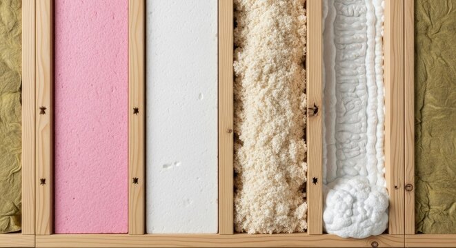 A wooden frame with different types of insulation materials inside.