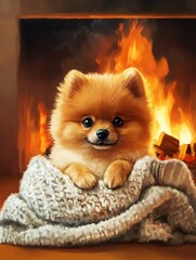 Cute Pomeranian puppy resting by the fire.