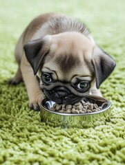 Cute pug puppy eating from a silver bowl.