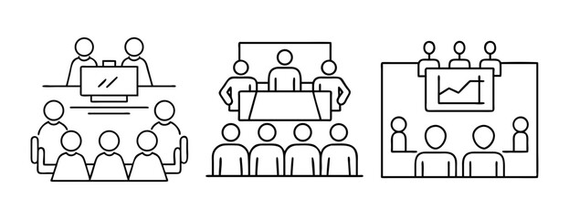 Diverse business meetings line art icons collection on white