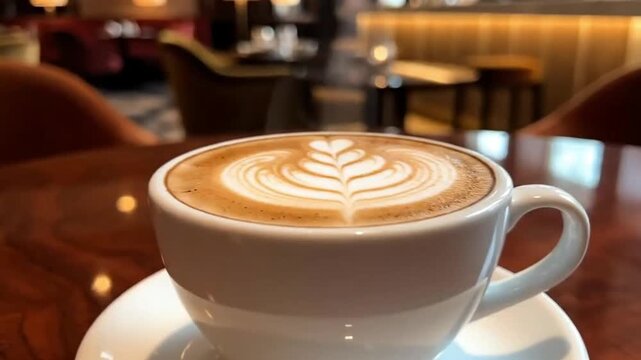 A white cup of latte with intricate foam art sits on a saucer against a blurred warmly lit interior background featuring tables and seating
