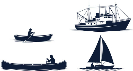 Silhouette of rowboat, canoe, sailboat, and fishing vessel – diverse watercraft and boating activities in black vector illustration on white