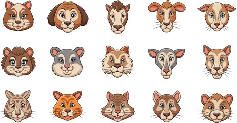 Obraz premium Cartoon animal character icons collection set including dog, cat, bear, lion, tiger, rabbit, pig, and panda vector illustrations