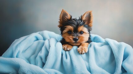 Cute puppy snuggled in a blue blanket.