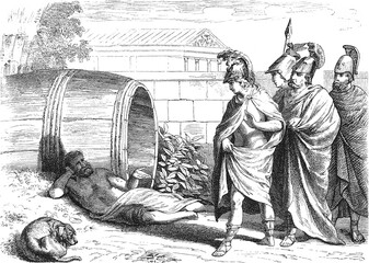 The famous meeting between Diogenes the Cynic in his barrel and Alexander the Great with his military entourage, old vintage illustration, 1880.