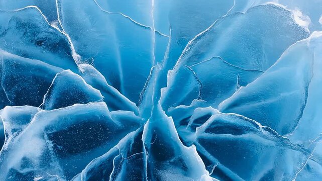 Blue ice shards form an abstract pattern with linear cracks emanating from center