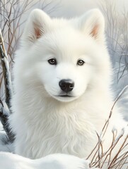 Naklejka premium Fluffy white Samoyed dog in snowy landscape.