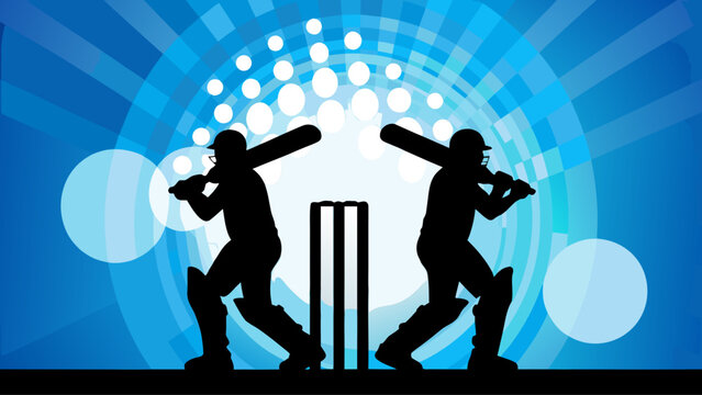 Cricket batsman silhouette stumps blue background sport competition match game player bat wicket action dynamic