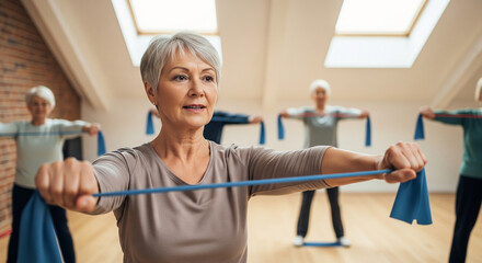 Active seniors engaged in a fitness class, improving strength and flexibility with resistance bands in a bright, airy studio environment