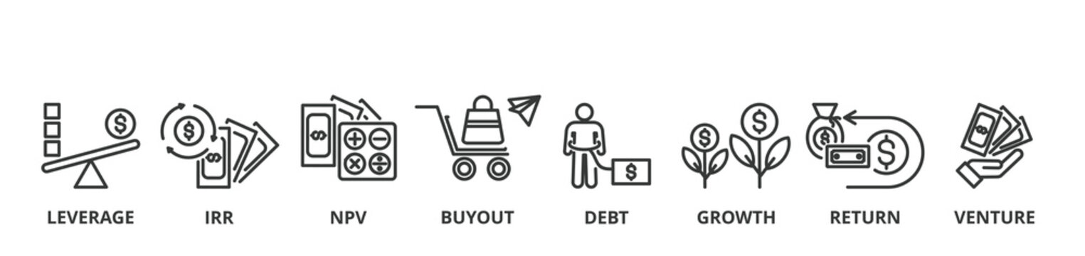 Private equity banner vector illustration concept with icon of leverage, IRR, NPV, buyout, debt, growth, return and venture