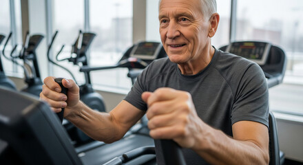 Elderly Man Exercising on Elliptical Machine in Gym, Promoting Healthy Lifestyle and Senior Fitness