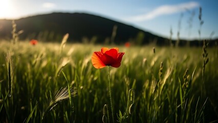 Vibrant red poppy flower in a serene green field with mountains
