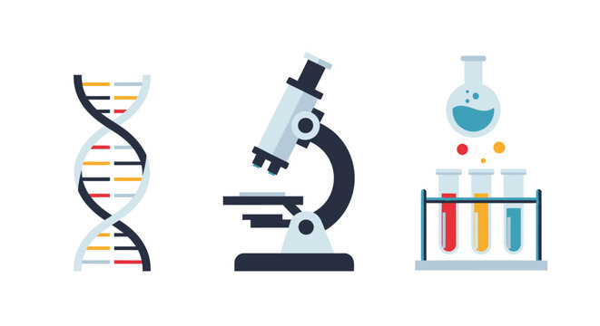 Scientific Icons: DNA Microscope and Laboratory Test Tubes.