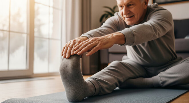 Senior man in gray tracksuit stretching leg on yoga mat indoors, focused on fitness and wellness