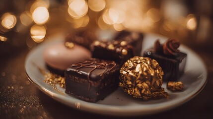 Assortment of Gourmet Chocolates on a Plate with Festive Bokeh Lights.