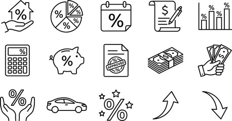 Set of 15 Line Art Icons for Interest Rates, Financial Growth, Mortgages, Loans, and Investment Data Analysis in Vector
