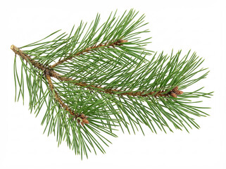 Fresh Pine Branch with Green Needles, Isolated on White