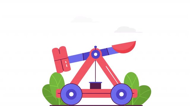 Colorful catapult. Catapult shooting animation, alpha channel. Cartoon