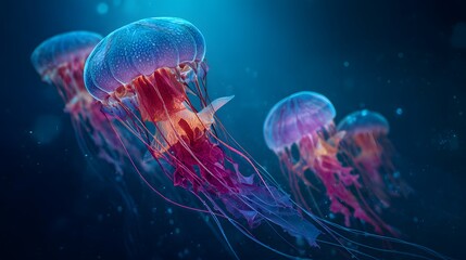 Bioluminescent Jellyfish Swarm Gracefully Floating in Deep Ocean Waters.