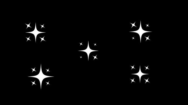 Twinkle sparkle stars animation featuring white cartoon doodle stars, glowing glitter trails, flat vector shine effects, designed for festive black screen overlays and magical celebration videos.