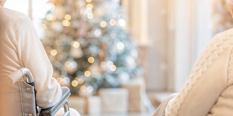 Elderly couple sitting together with a Christmas tree in a cozy nursing home setting