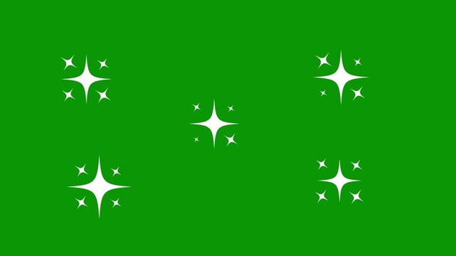 Twinkling stars animation on green screen background with white flat vector doodle stars, blinking sparkle motion, glowing trails, perfect for looping magical effects in 4K.