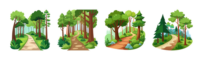 Set of four cartoon forest paths with green trees and winding trails