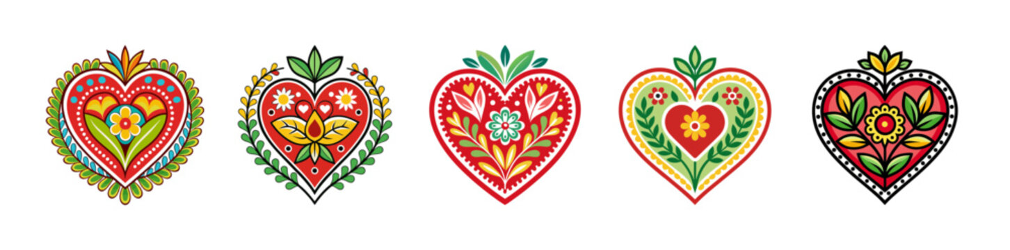 Vibrant folk art hearts collection with intricate floral patterns