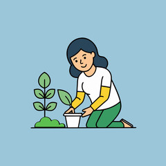 Woman kneeling and planting a small green plant in a white pot