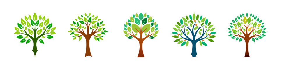 Fototapeta premium Five diverse stylized green tree vector icons for nature and ecology designs