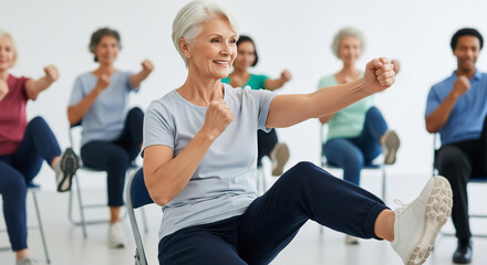Active senior citizens engaged in a chair exercise class, promoting health and vitality through synchronized movements for a vibrant lifestyle