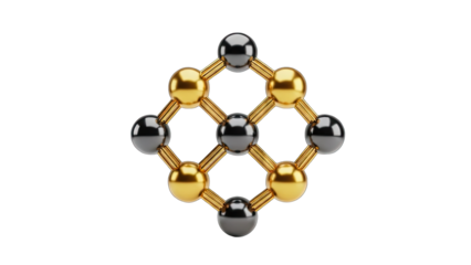 Abstract Molecular Structure with Gold and Grey Spheres Connected by Thin Strands on a Black Background