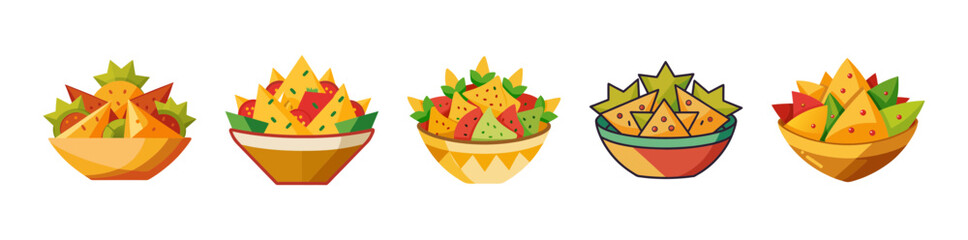 Obraz premium Variety of cartoon nachos served in bowls with colorful toppings set