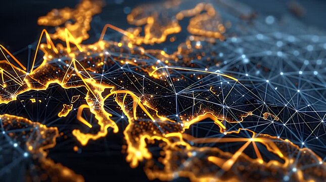 An artistic representation of a continent depicted with a network of lines and illuminated features. Glowing, bright orange-gold colors highlight contours and connection points